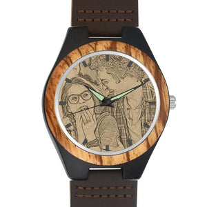 Custom Engraved Bamboo Photo Watch Brown Leather Strap For Men's Gift - 45mm