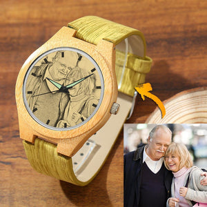 Custom Engraved Bamboo Photo Watch Wooden Leather Strap For Women's Gift - 41mm