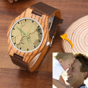 Custom Engraved Wooden Photo Watch Brown Leather Strap For Men's Gift - 45mm
