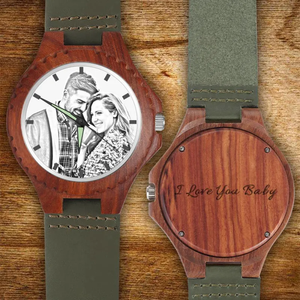 Custom Engraved Wood Photo Watch Dark Green Leather Strap For Men's Gift - 38mm