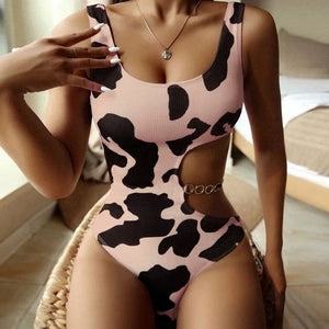 Sexy Bikini Cow Pattern One Piece Ladies Swimsuit
