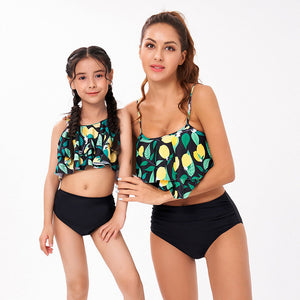 Lemon Print High Waist Bikini Ruffle Family Swimsuit