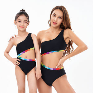 One Piece Bikini Slanted Shoulder Rainbow Edge Parent-Child Swimsuit