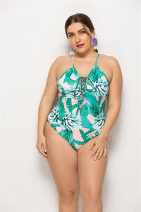 Suspender Open Back Printed Plus Size Swimsuit