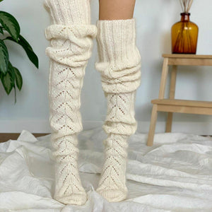 Winter Solid Color Hollow Mesh Long Tube Overknee Socks Women Knit Socks
